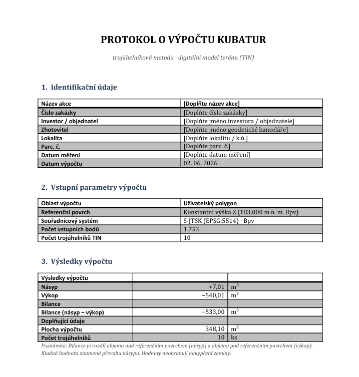 Protokol o výpočtu kubatur — výstup do Wordu