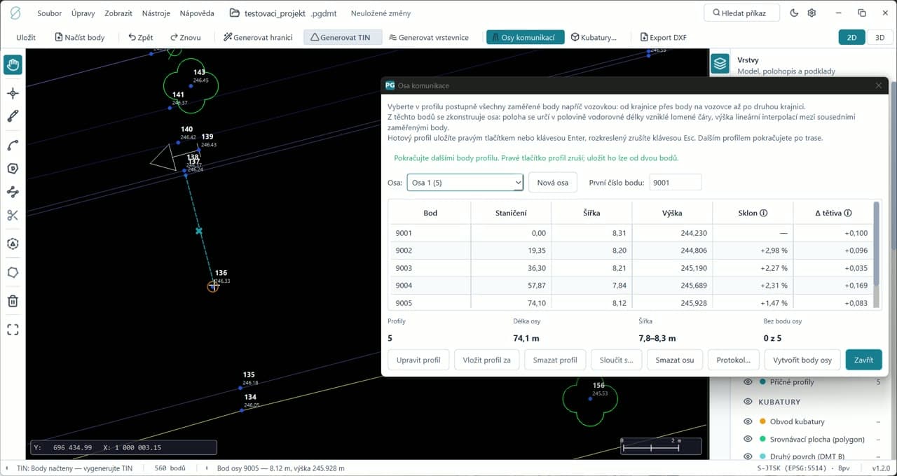 Konstrukce osy komunikace z příčných profilů v PointGrid DMT